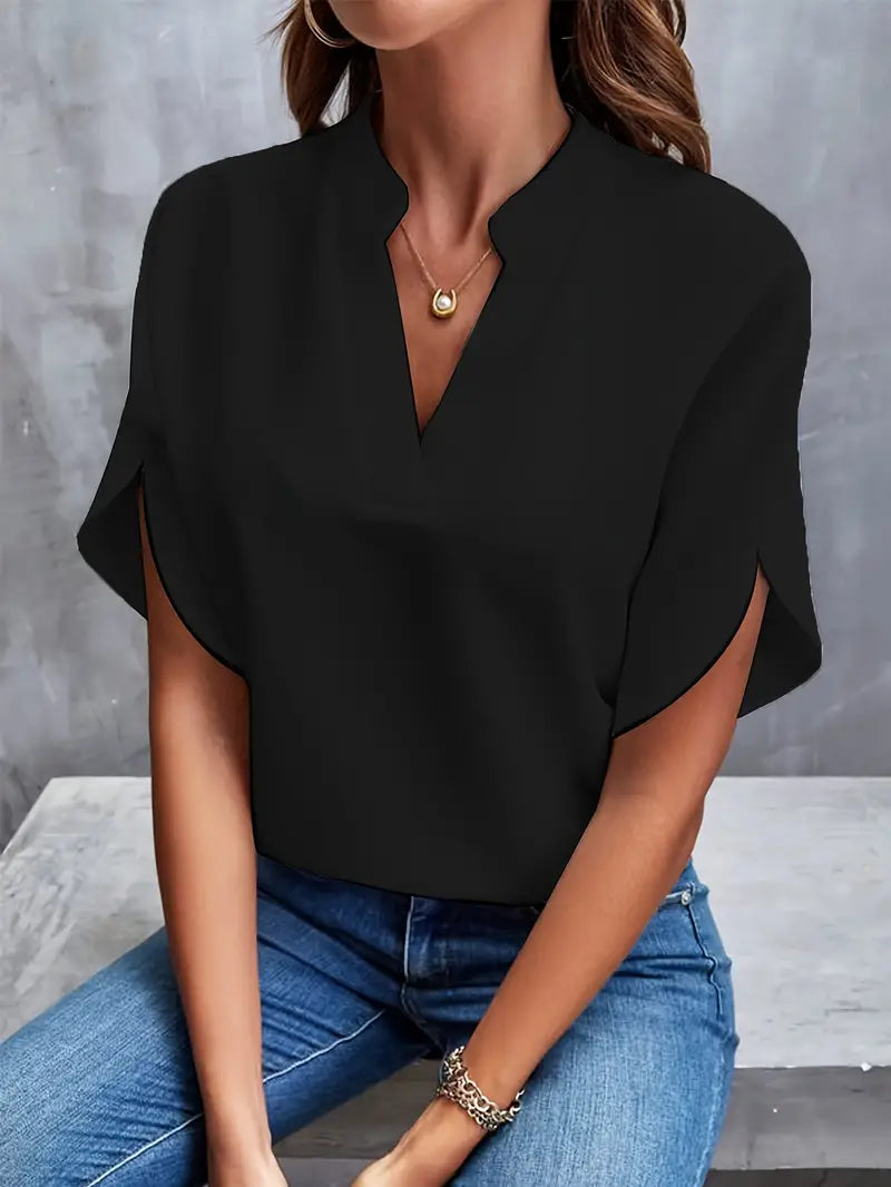 Pleated V-Neck Blouse with Long Sleeves