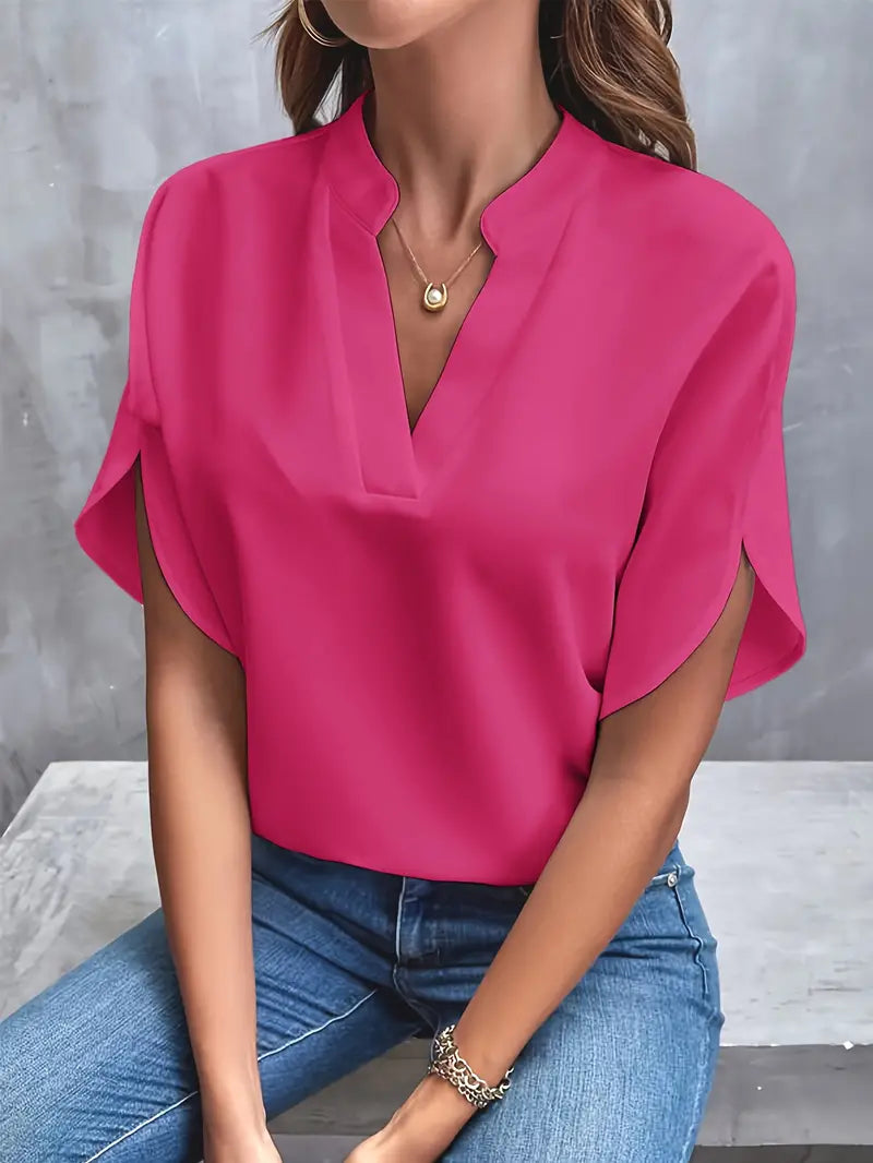 Pleated V-Neck Blouse with Long Sleeves
