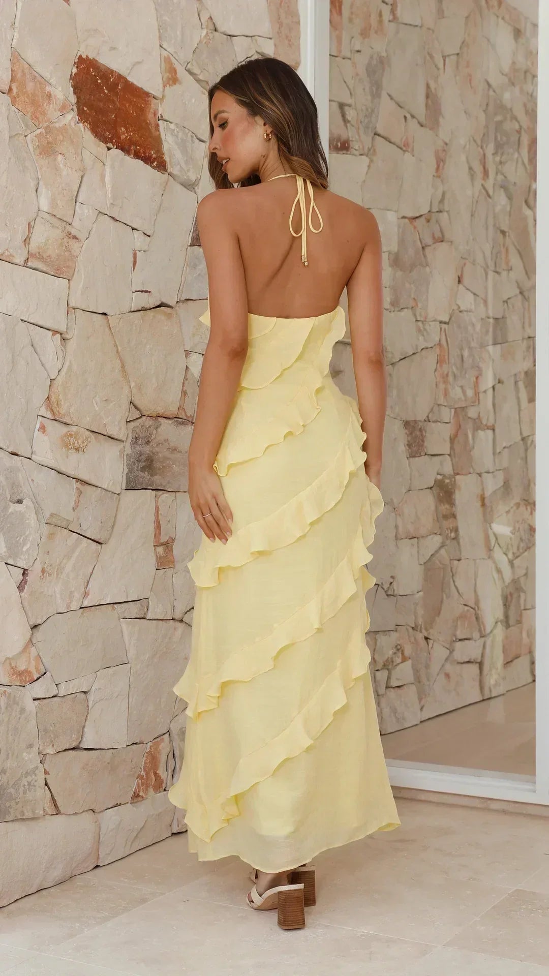 Halter Tie Tiered Ruffle V-Neck Maxi Dress