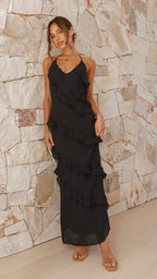 Halter Tie Tiered Ruffle V-Neck Maxi Dress
