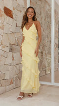 Halter Tie Tiered Ruffle V-Neck Maxi Dress