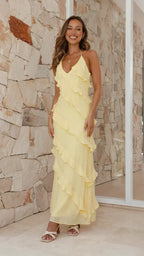 Halter Tie Tiered Ruffle V-Neck Maxi Dress