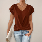 Short Sleeve V-Neck Top with Twist Wrap Detail