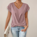 Short Sleeve V-Neck Top with Twist Wrap Detail