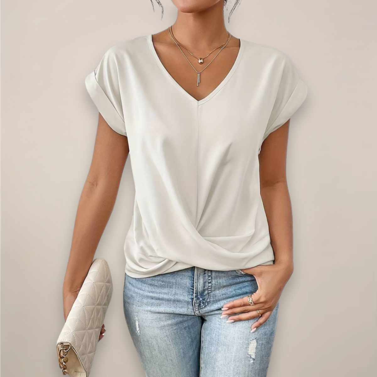 Short Sleeve V-Neck Top with Twist Wrap Detail