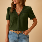 Lace-Trim V-Neck Blouse with Short Sleeves