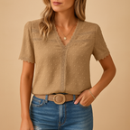 Lace-Trim V-Neck Blouse with Short Sleeves
