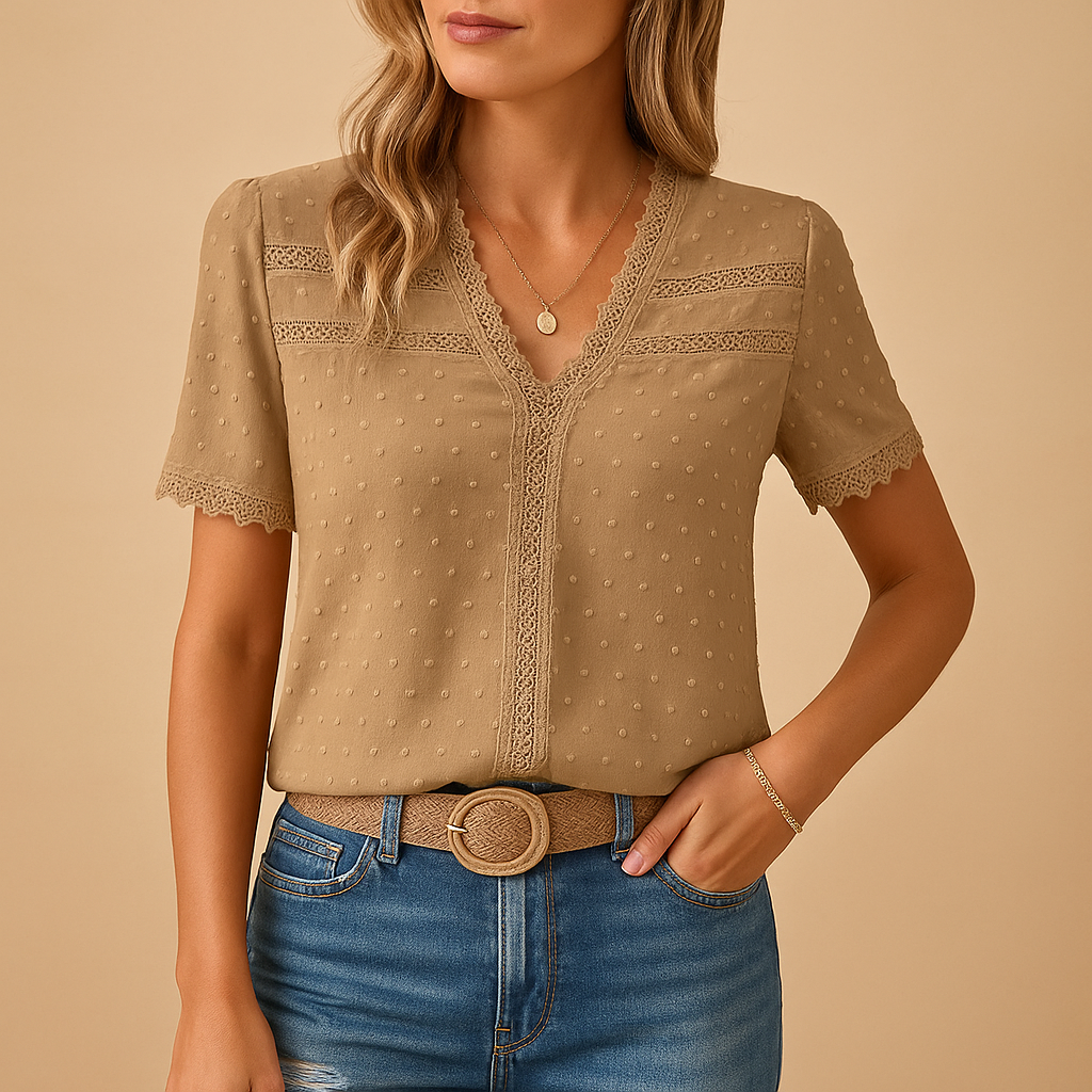 Lace-Trim V-Neck Blouse with Short Sleeves