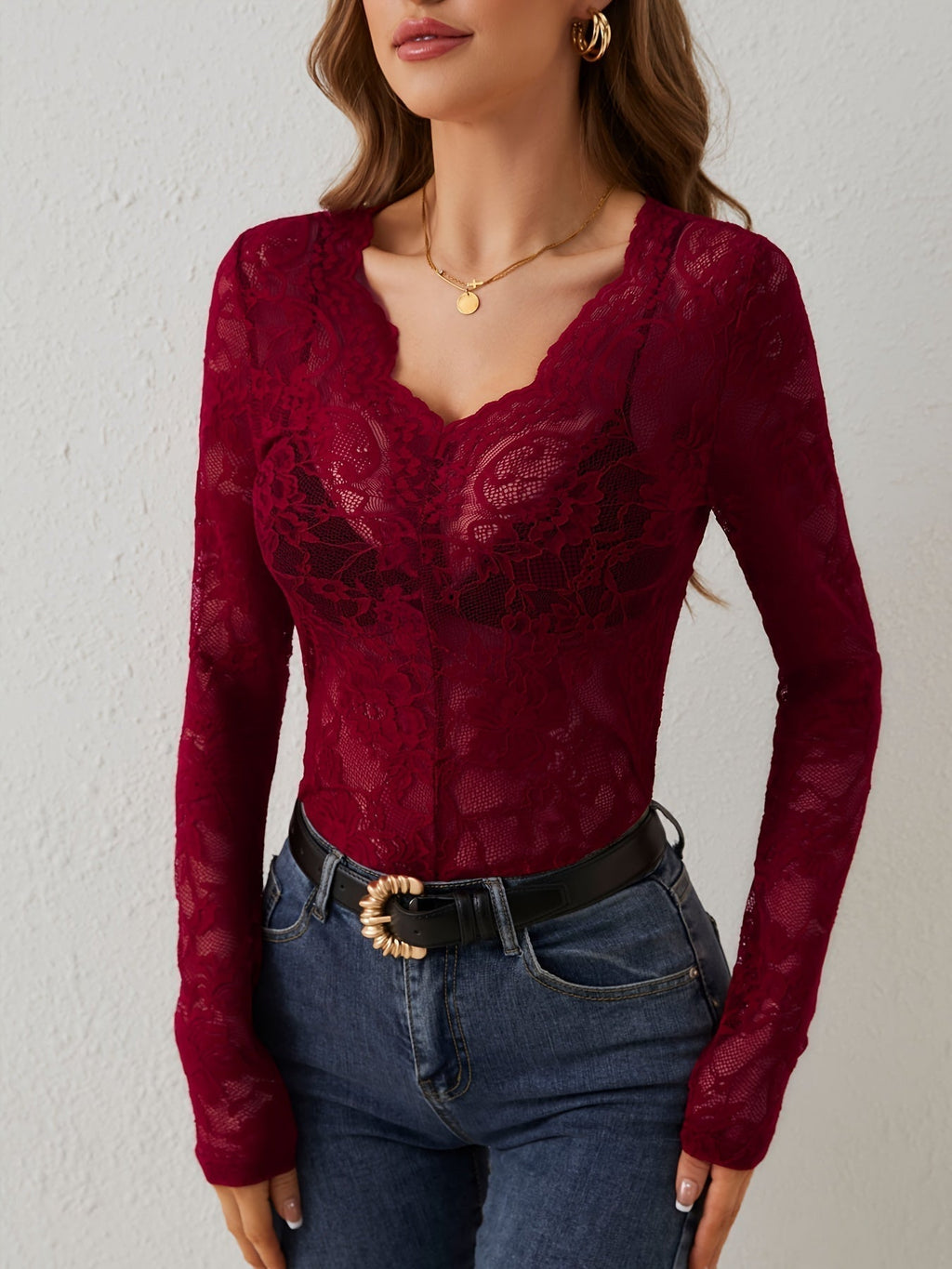 Lace V-Neck Top with Long Sleeves