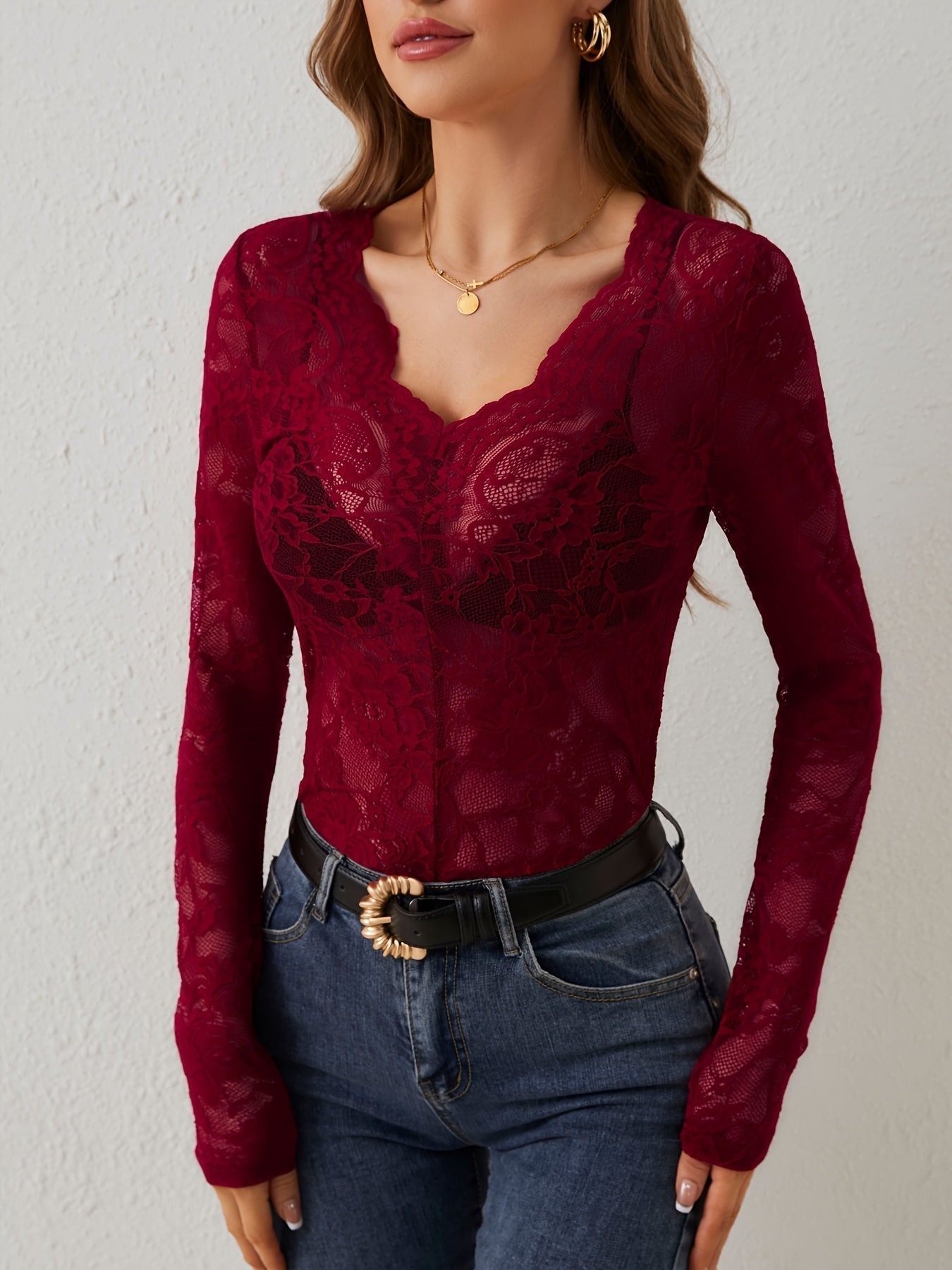 Lace V-Neck Top with Long Sleeves