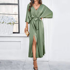 V-Neck Batwing Sleeve Tie Waist Maxi Dress