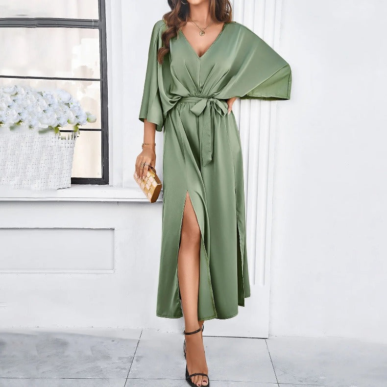 V-Neck Batwing Sleeve Tie Waist Maxi Dress