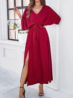 V-Neck Batwing Sleeve Tie Waist Maxi Dress