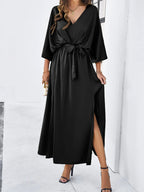V-Neck Batwing Sleeve Tie Waist Maxi Dress