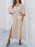 V-Neck Batwing Sleeve Tie Waist Maxi Dress