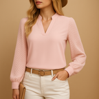 Textured V-Neck Top with Long Sleeves