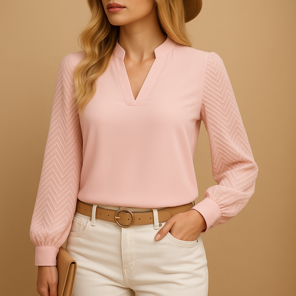 Textured V-Neck Top with Long Sleeves