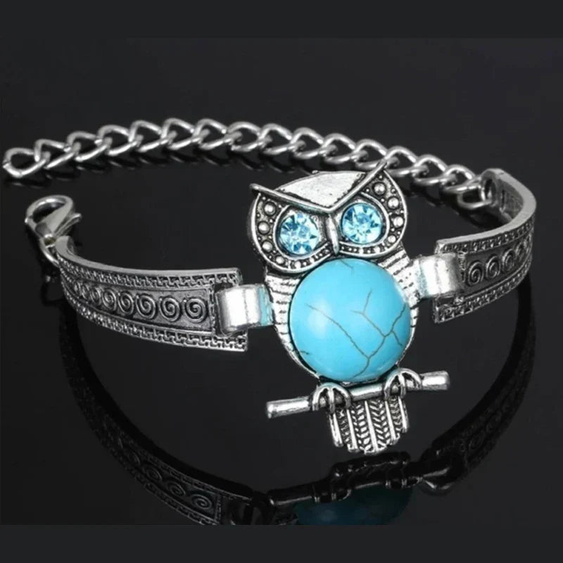 Pulseira com Pendente de Coruja e Turquesa Estilo Vintage