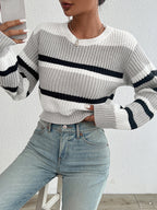 Striped Knit Jumper with Crew Neck and Elasticated Cuffs