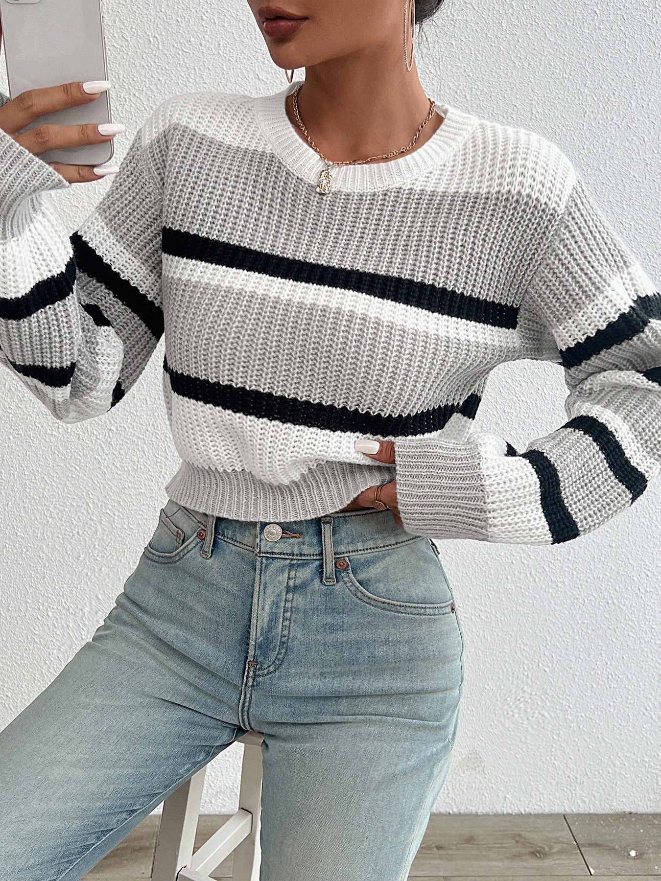 Striped Knit Jumper with Crew Neck and Elasticated Cuffs
