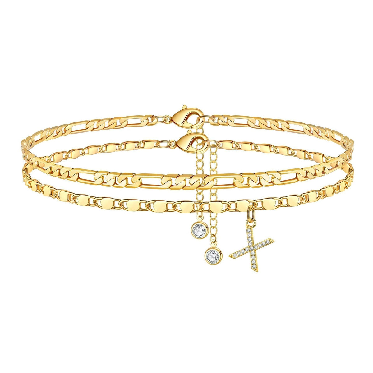Two-Piece Initial Anklet Set with Diamond-Look Letter Charm