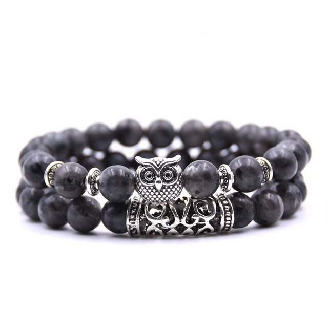 Natural Stone Bead Bracelet with Owl Charm