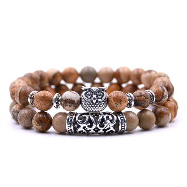 Natural Stone Bead Bracelet with Owl Charm