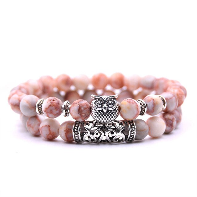 Natural Stone Bead Bracelet with Owl Charm