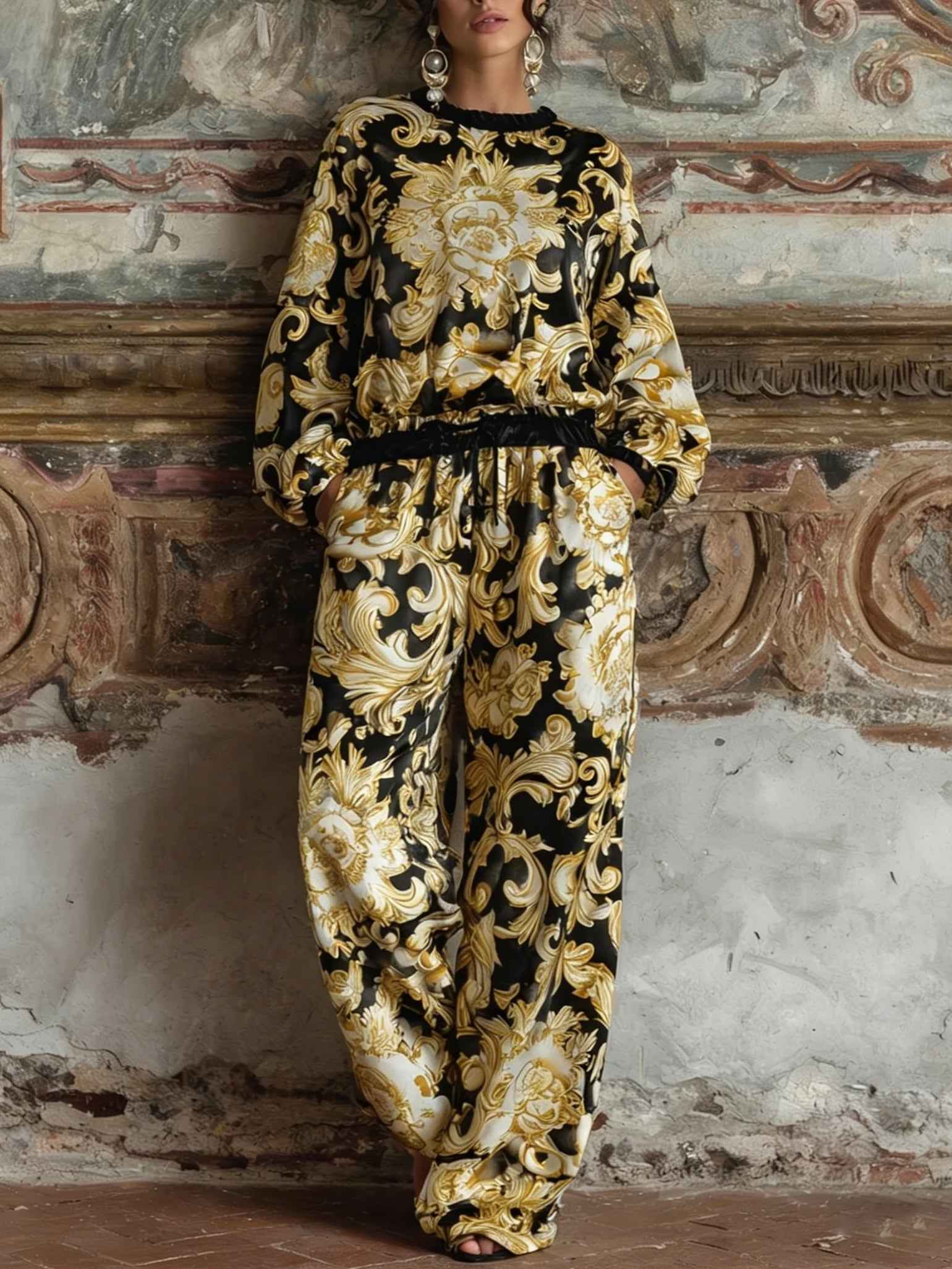 Baroque Floral Loungewear Set with Wide-Leg Trousers