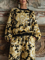 Baroque Floral Loungewear Set with Wide-Leg Trousers