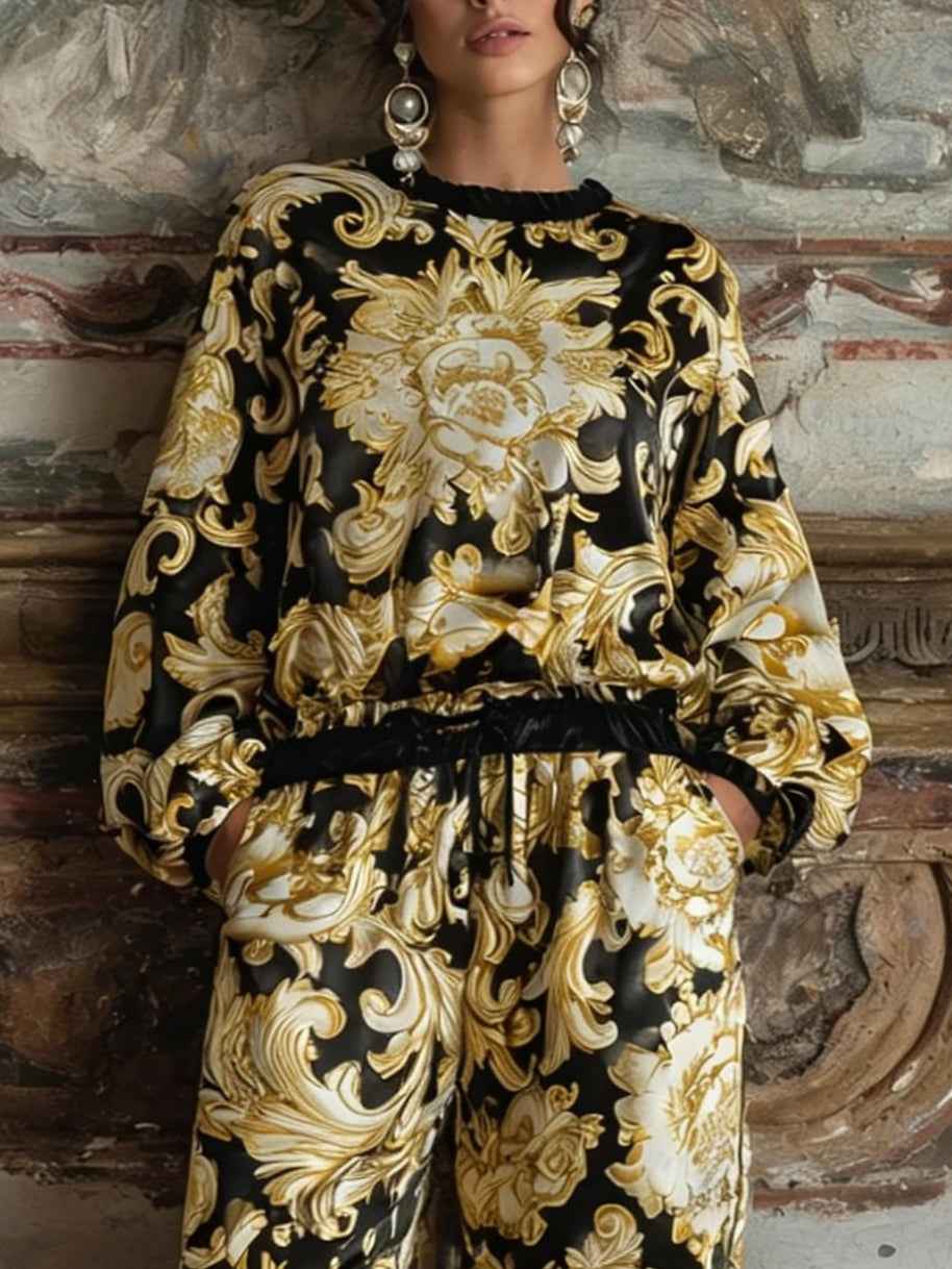 Baroque Floral Loungewear Set with Wide-Leg Trousers