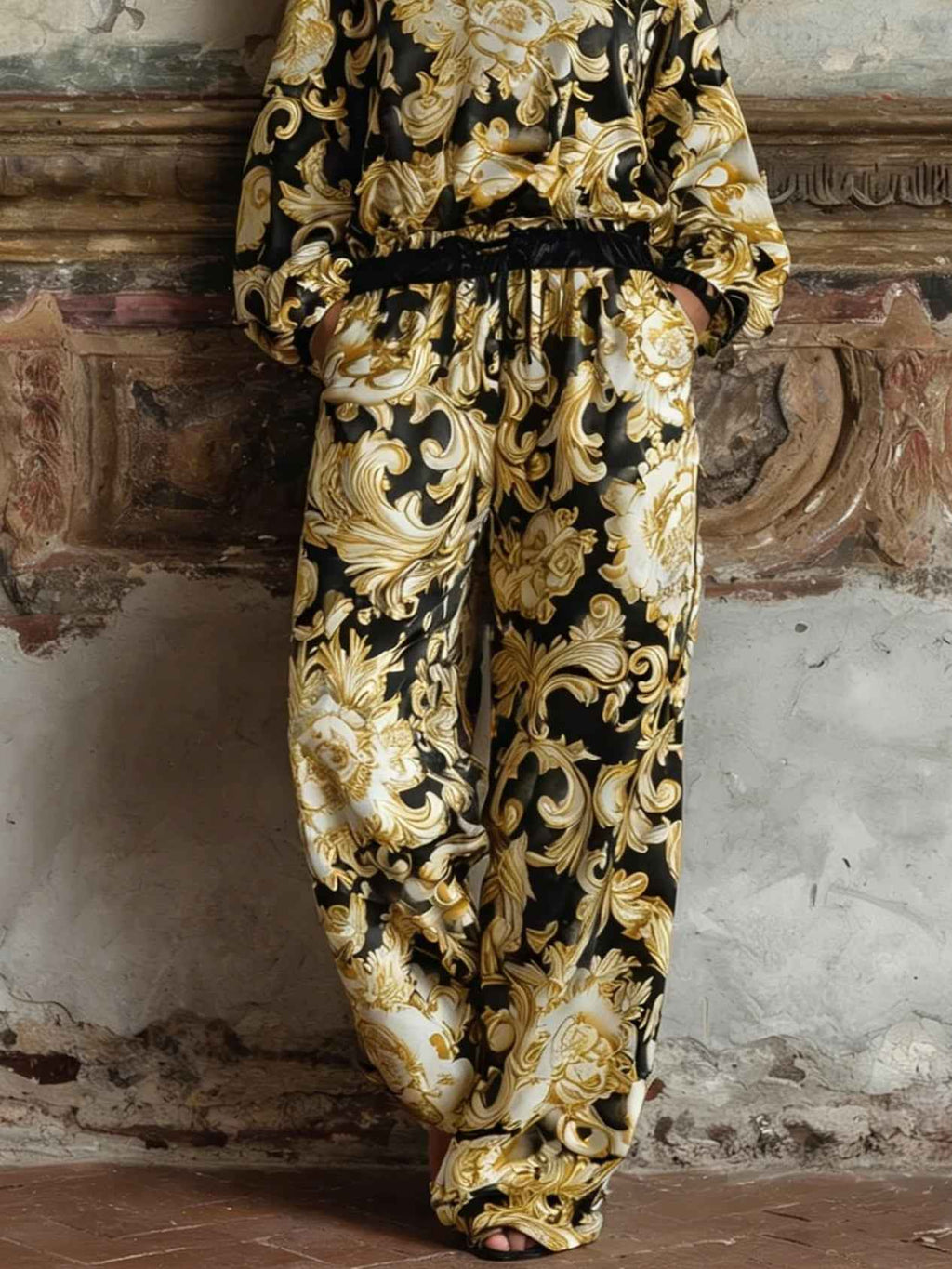 Baroque Floral Loungewear Set with Wide-Leg Trousers