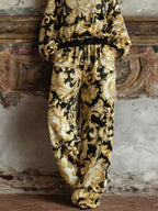 Baroque Floral Loungewear Set with Wide-Leg Trousers