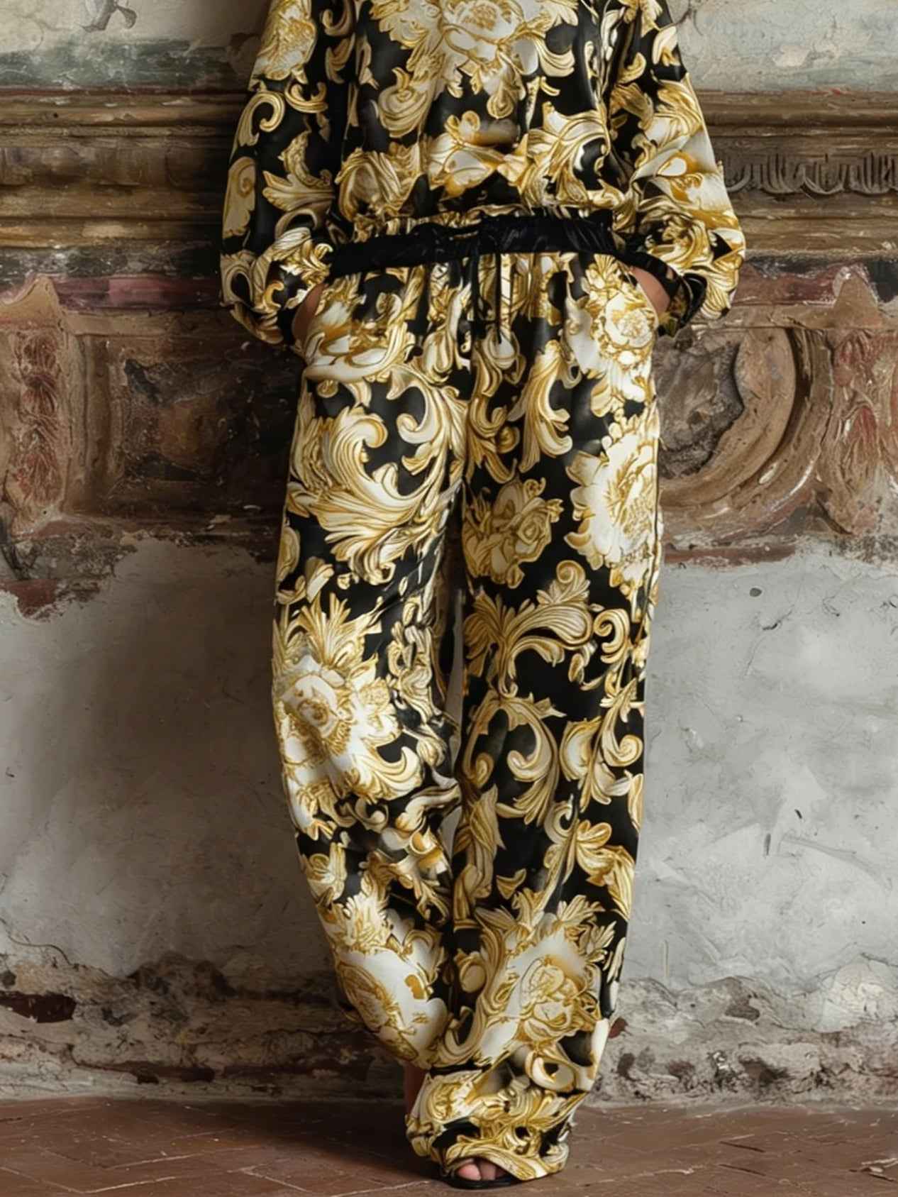Baroque Floral Loungewear Set with Wide-Leg Trousers
