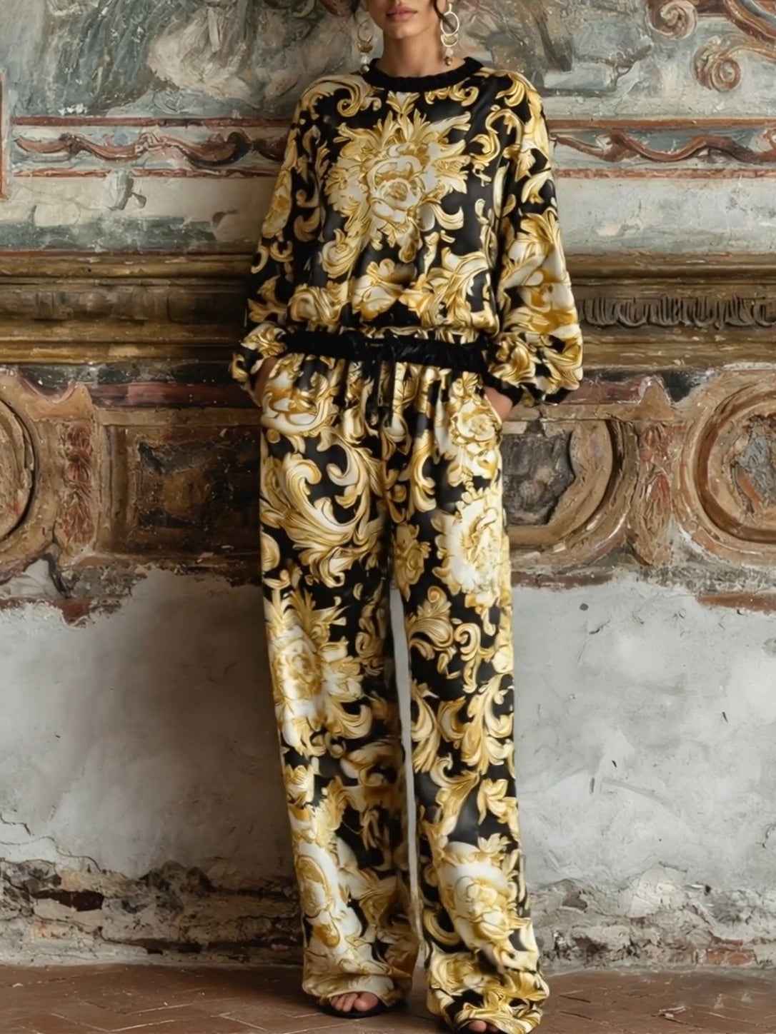 Baroque Floral Loungewear Set with Wide-Leg Trousers
