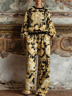 Baroque Floral Loungewear Set with Wide-Leg Trousers