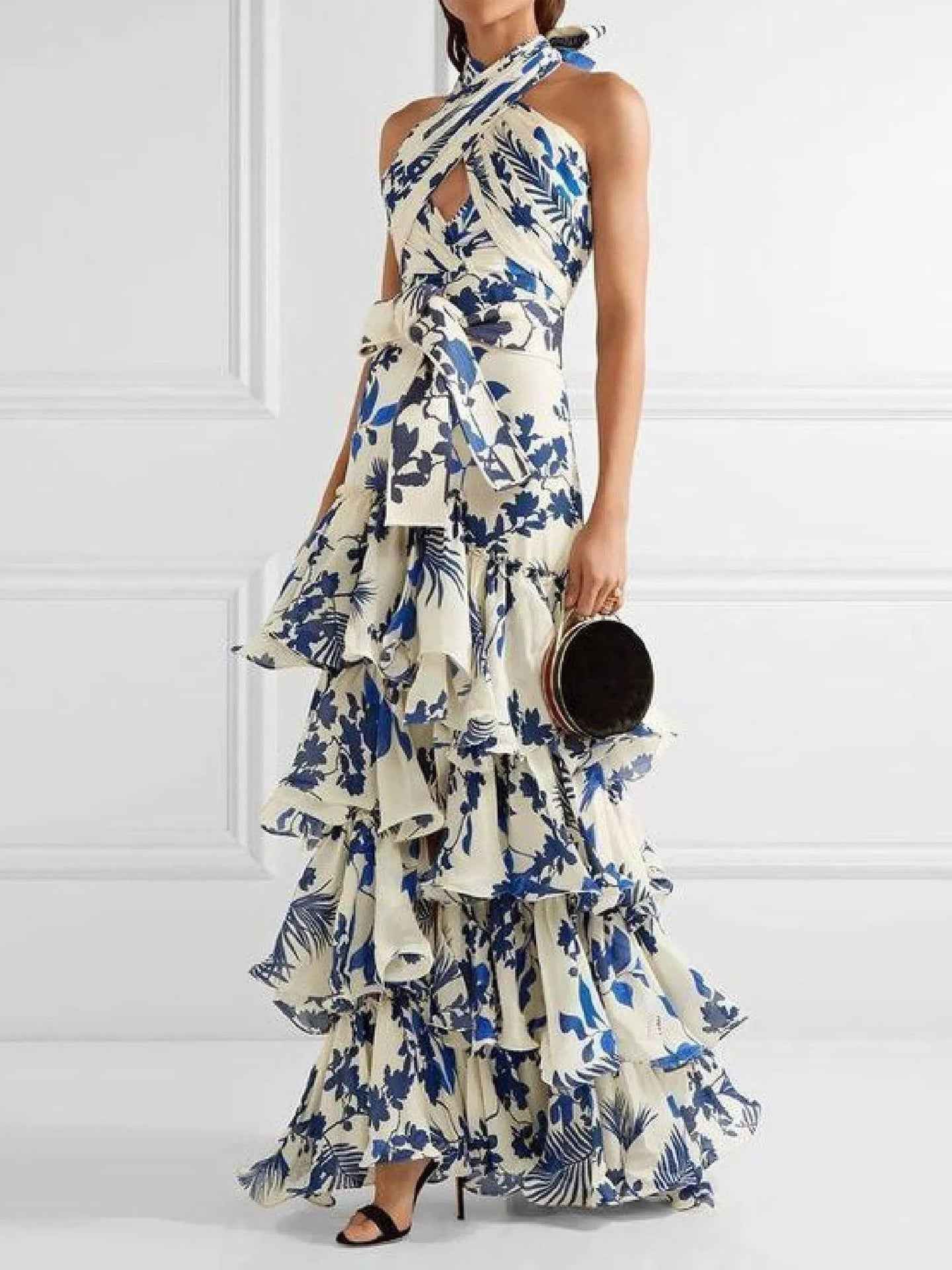 Maxi-jurk met bloemenprint, ruches in lagen en halterhals