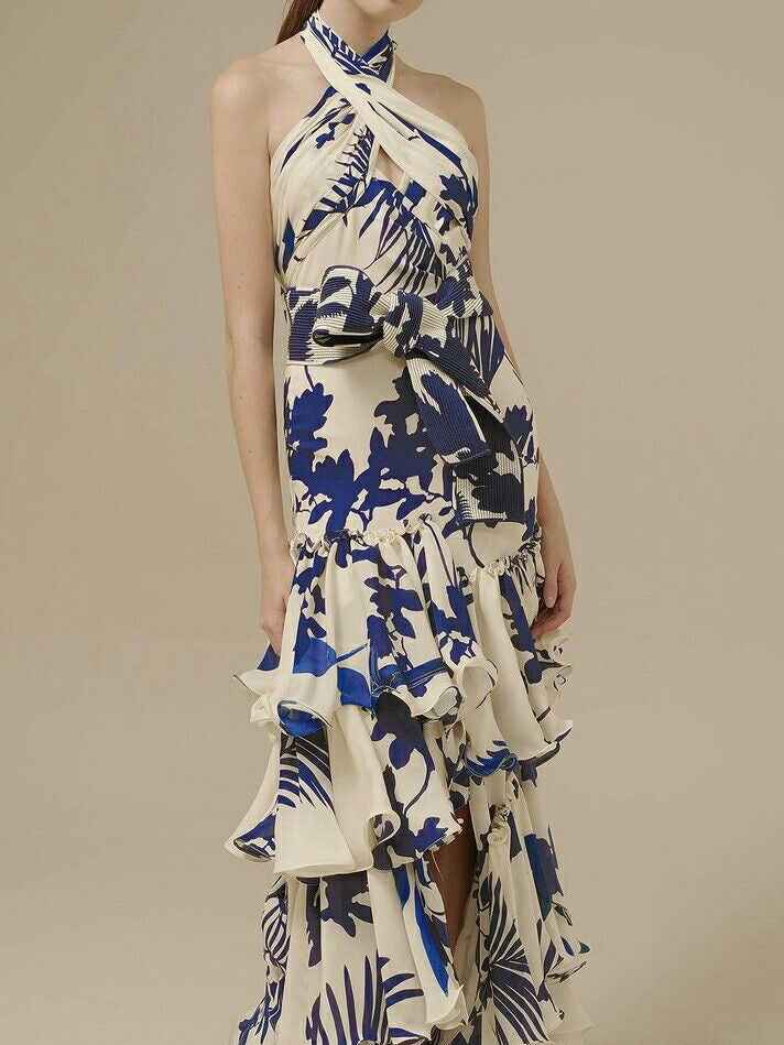 Maxi-jurk met bloemenprint, ruches in lagen en halterhals