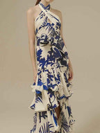 Maxi-jurk met bloemenprint, ruches in lagen en halterhals