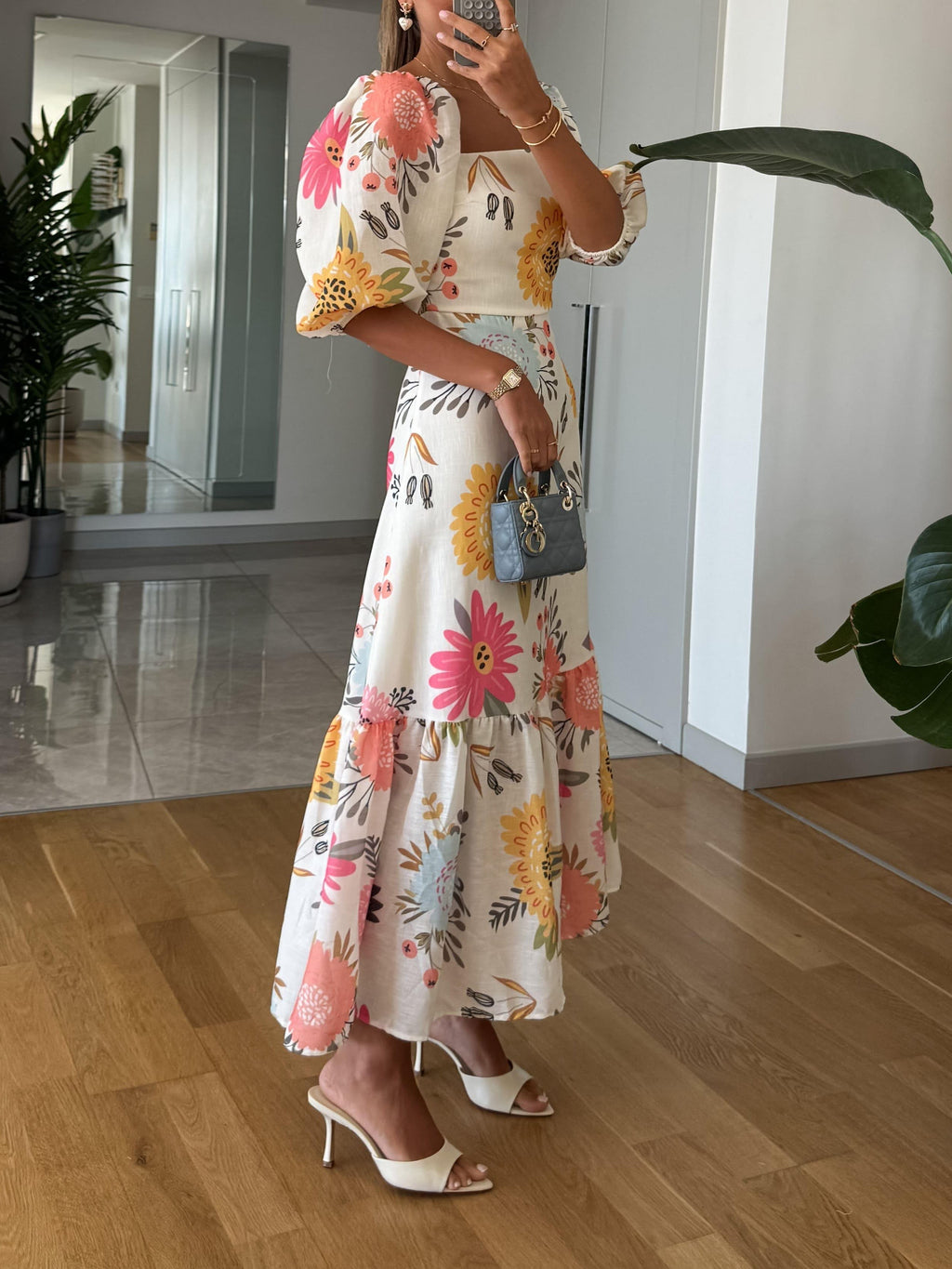 Floral Print Midi Dress with Puff Sleeves and Tiered Skirt
