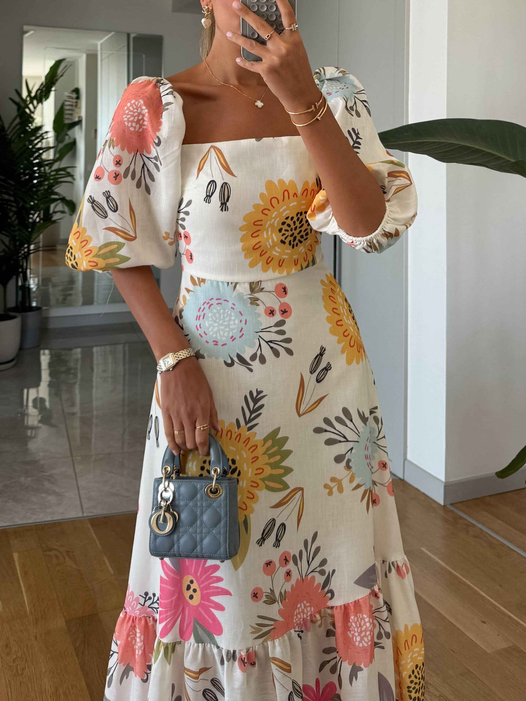 Floral Print Midi Dress with Puff Sleeves and Tiered Skirt