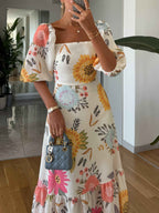 Floral Print Midi Dress with Puff Sleeves and Tiered Skirt