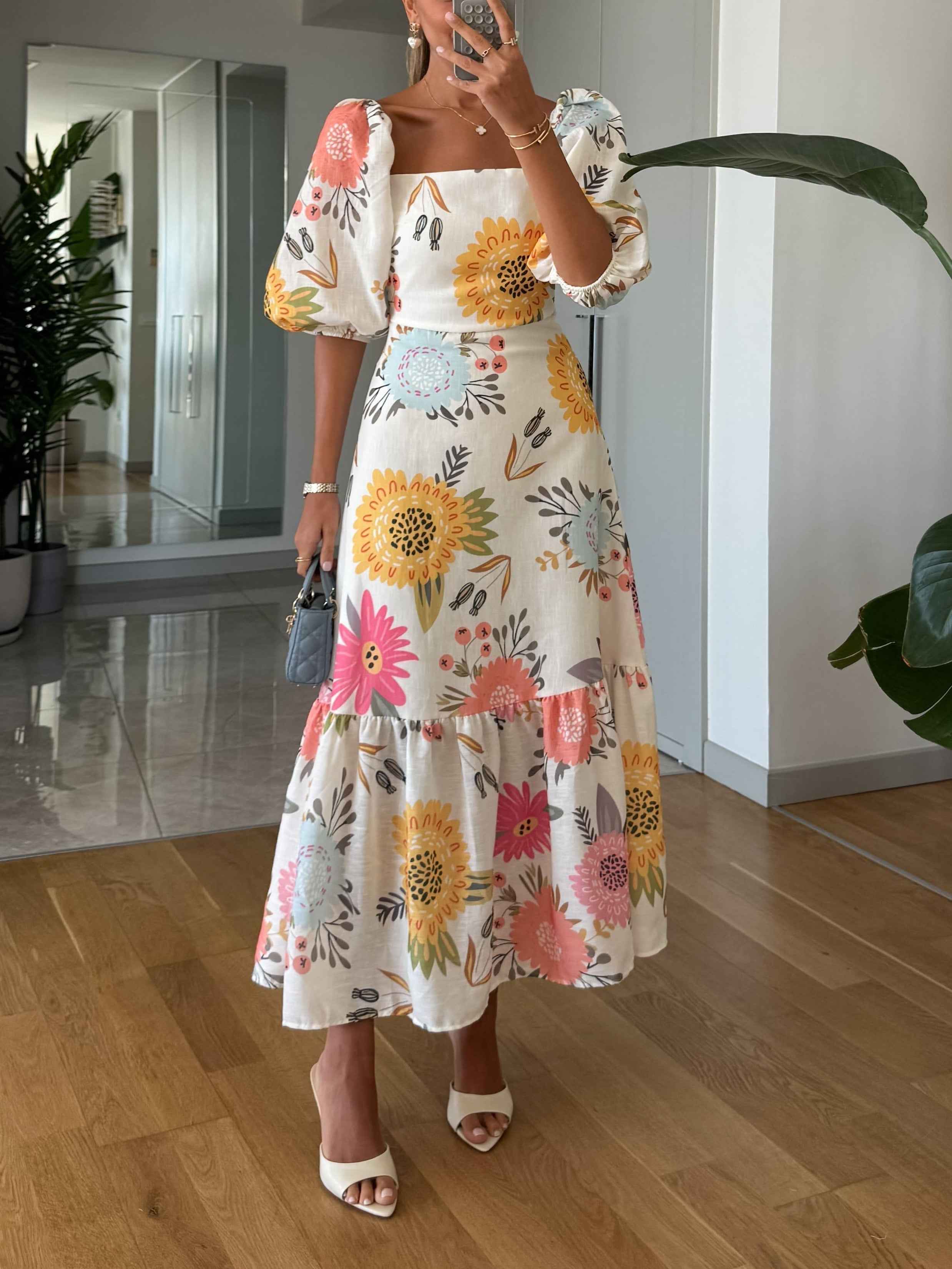 Floral Print Midi Dress with Puff Sleeves and Tiered Skirt