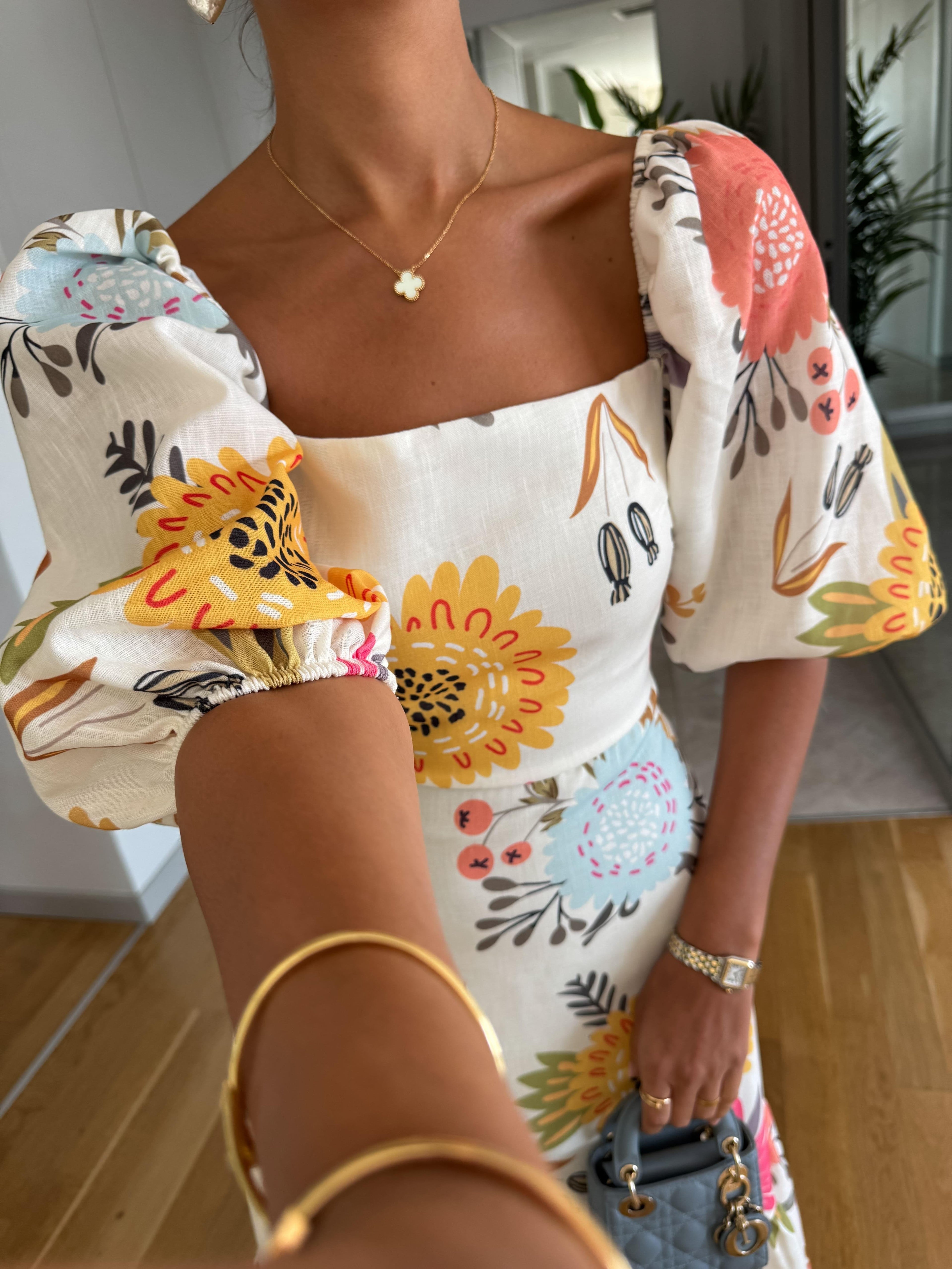 Floral Print Midi Dress with Puff Sleeves and Tiered Skirt