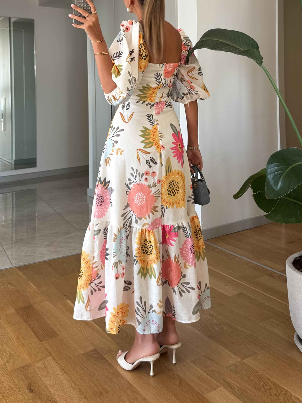 Floral Print Midi Dress with Puff Sleeves and Tiered Skirt