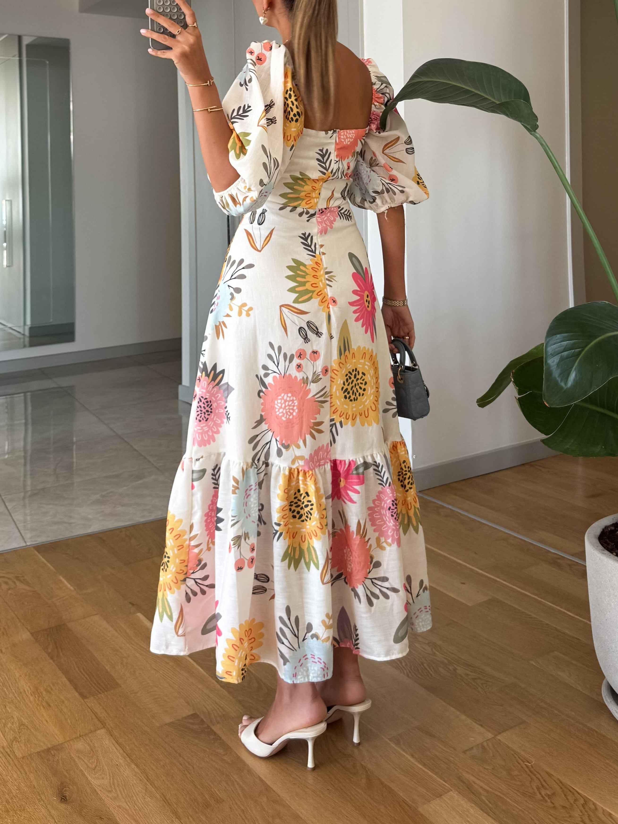 Floral Print Midi Dress with Puff Sleeves and Tiered Skirt