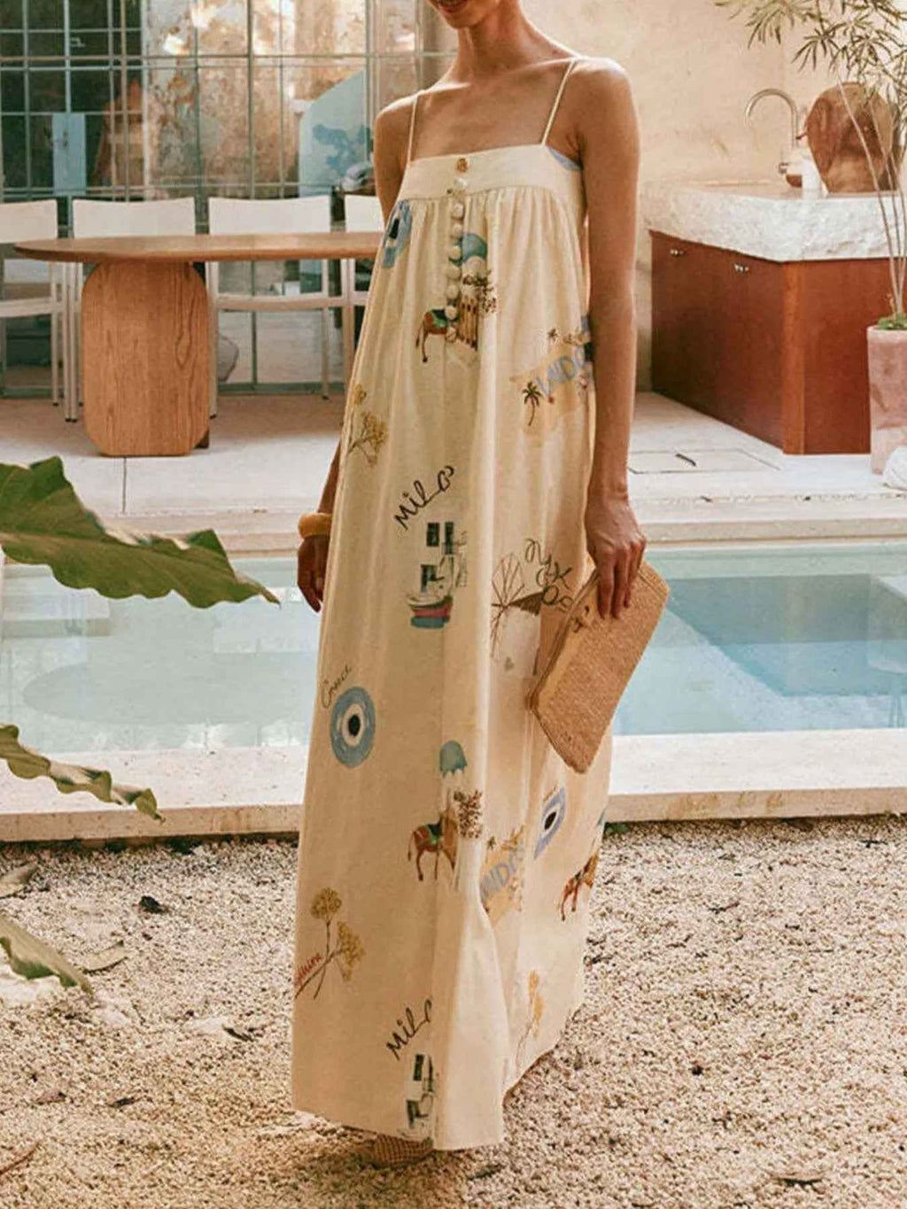 Printed Linen Blend Maxi Dress with Buttons and Pockets