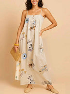 Printed Linen Blend Maxi Dress with Buttons and Pockets