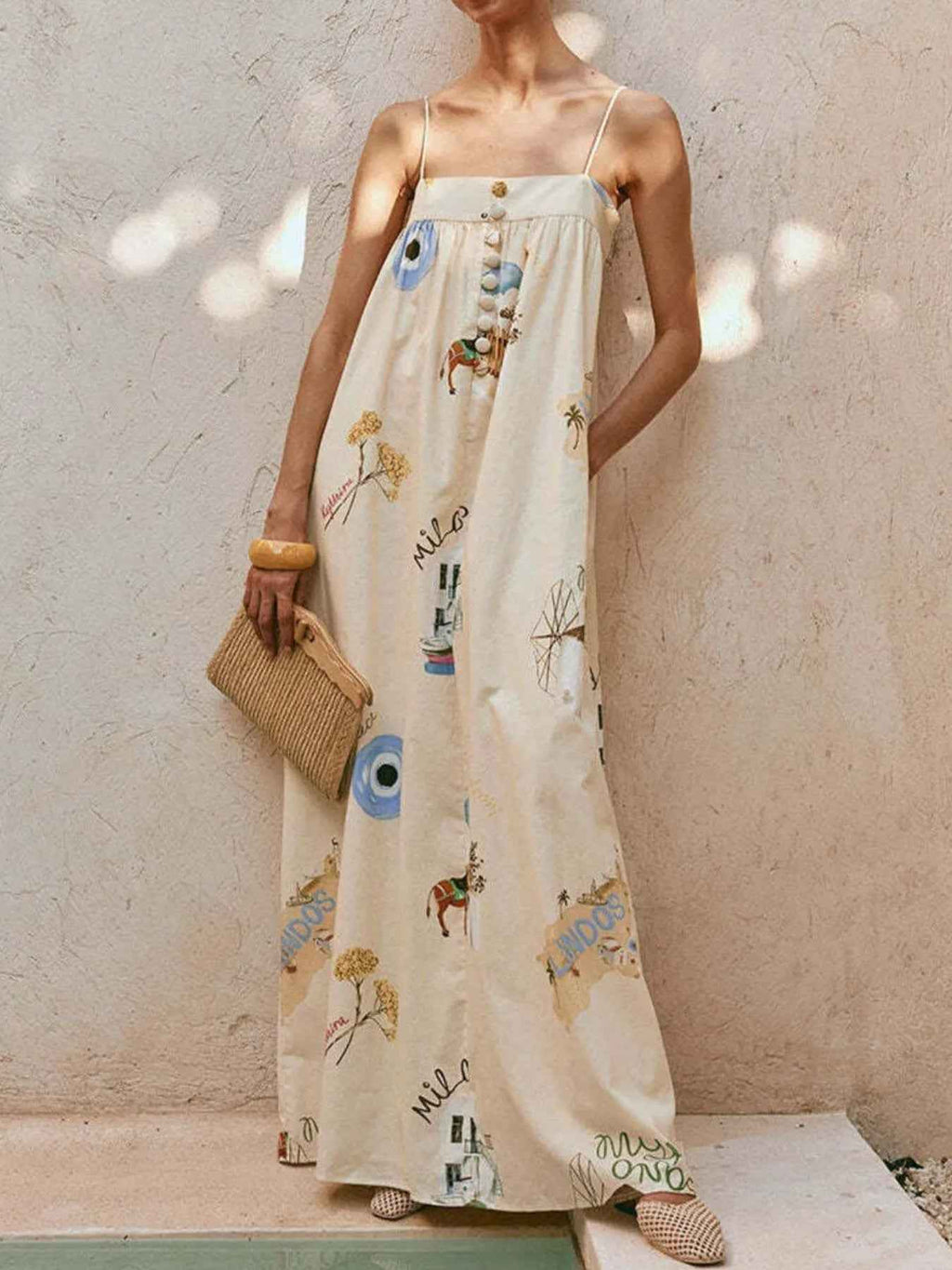 Printed Linen Blend Maxi Dress with Buttons and Pockets