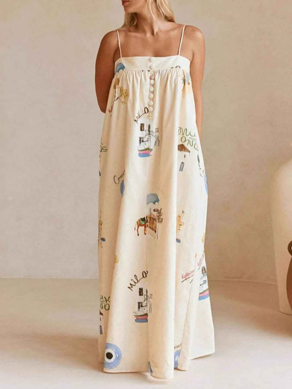 Printed Linen Blend Maxi Dress with Buttons and Pockets